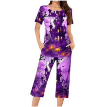 Halloween damespyjamaset (2-delig) met print, korte mouwen, capribroek en zakken, verkrijgbaar in maat S-3XL