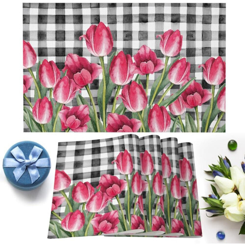 Σουπλά Spring Pink Tulips Σετ 4 τεμαχίων, Πλενόμενα & Ανθεκτικά στη Θερμότητα Βαμβακερά