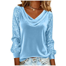 Women's Top, Sequin Patchwork Long Sleeve V-Neck Pullover Blouse, Casual Top with Glitter Accents for Home and Daily Wear.