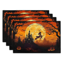 Set de 4 șervețele de masă din in cu motive de vrăjitoare de Halloween (30x45 cm), model liliac/castel/dovleac, rezistente la căldură și
