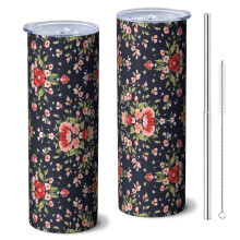 Pioneer Flower Floral 60 cl smalt tumbler med sugrör och lock, dubbelväggig vakuumisolerad, läckagesäker, mugghållarvänlig, varm 6 timmar/kall