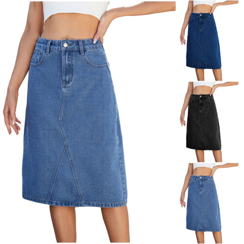 Gonna lunga in denim elasticizzato da donna blu scuro