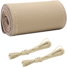Echt lederen stuurwielhoes, ademend en antislip, geschikt voor stuurwielen tot maximaal 15 inch, zelf te bevestigen (beige, glanzend)