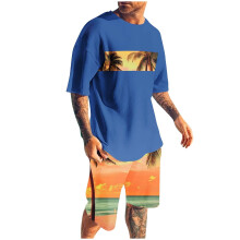 Men's Shorts Sets 2 Piece Outfits Round Neck Printing Sports Slim Elastic Waistband Short Sleeve Round-Neck Blouses