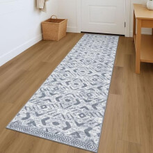 Washable Kitchen Runner Rug, Non-Slip Soft Low-Pile Hallway Runner, 2x7 ft Grey & White – Compatible with Home Décor