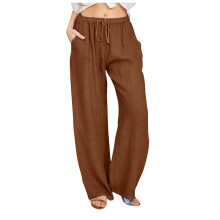 Women's Relaxed Fit Wide Leg Cotton-Linen Slacks, Elastic Waist & Drawstring, Casual/Work Trousers – Compatible with All Body Types