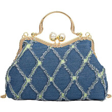 Denim clutch voor dames, gewatteerde avondtas, bruidstas, handtas met glitters en strass steentjes, crossbodytas met kralen en parels