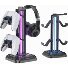 Soporte para auriculares RGB con 9 modos de iluminación, gancho giratorio y desmontable para mando – Compatible con auriculares de PC (Negro)