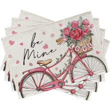 Valentinsdag lyserøde cykeldækkeservietter sæt med 4, 30x43 cm, "Be Mine" rose- og hjertedesign – kompatibel med standardborde