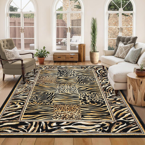 Χαλί Leopard 5x7 Πλενόμενο, μαλακό χαλί Leopard Patchwork για σαλόνι, μεγάλο χαλί,