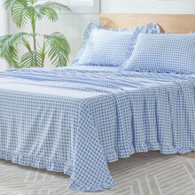 Gingham-Bettwäscheset (Queen-Size), weiche, gebürstete Mikrofaser, 40 cm tiefe Taschen, 4-teilig, Rüschen-Landhausstil, Blau