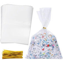 100Pcs Clear Cellophane Treat Bags with Ties 6 x 9 Inch Goodie Bags Candy Pouches for Party Favors Graduation Birthday Wedding Christmas Clear