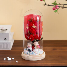 Veilleuse rose éternelle, socle en bois et couvercle en verre, rouge