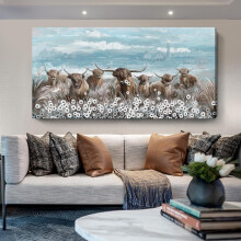 Extra großes Boho-Bauernhaus-Leinwandbild mit Hochlandrindern (60 x 30 Zoll), rustikale Küstendekoration in Blau und Braun für Wohnzimmer,