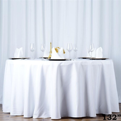 Nappe ronde BalsaCircle 132" en polyester premium, blanche, pour mariage.