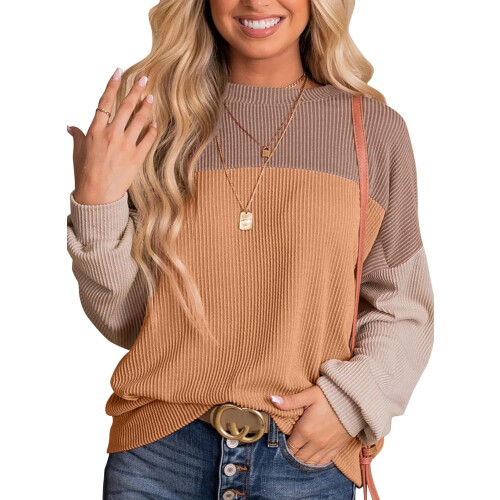 Damenmode 2023: Farbblock-Strickpullover mit langen Ärmeln und Rundhalsausschnitt