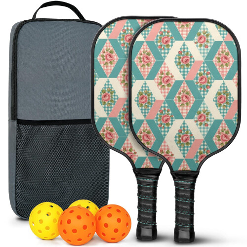 Σετ κουπιών Pickleball από fiberglass με λουλούδια, 2 μπάλες και τσάντα, συμβατό με παιχνίδι