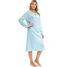 Damesnachthemd met lange mouwen en stippenprint, geschikt voor de lente en herfst, loungewear, huisjurk, nachthemd met knoopjes, Henley-nachtjurk,
