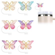 Lot de 6 embouts de paille scintillants en silicone avec joli papillon pour tasses et poudre anti-poussière.