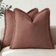 Lot de 2 housses de coussin à franges en lin, 40 x 40 cm, rouge rouille, style bohème champêtre, avec pompons – Compatibles avec les coussins