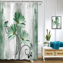 Rustiek douchegordijn in boerderijstijl, saliegroen met madeliefjes en vlinders op een houten textuur, turquoise/groenblauw/grijs, 36x70 inch,