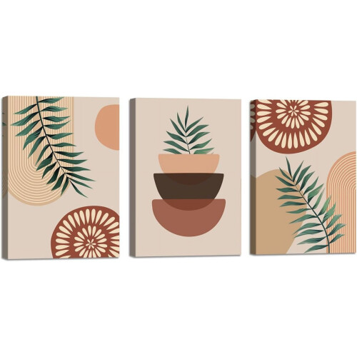 Σετ 3 τεμαχίων Boho Wall Art: Μινιμαλιστικές εκτυπώσεις με φοίνικες και αφηρημένη φύση,