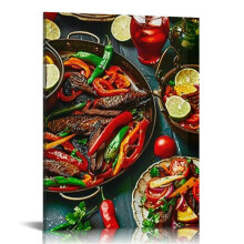 Tableau sur toile représentant de la cuisine mexicaine : tomate, piment rouge, poivron jaune, cantaloup, chips tortilla, fruit du dragon –