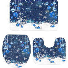 Badkamermatset met blauwe kerstballen - 3-delige antislip U-vormige toiletmat met sneeuwvlokkenmotief voor grote badkamers.