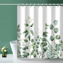 Saliegroene douchegordijn met eucalyptusbloemen (183 x 183 cm), machinewasbaar en waterdicht, inclusief 12 haken.