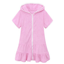 Girls' Hooded Swim Cover-Up Dress, Absorbent Terry Beach Robe, Zip-Up, Compatible with Kids Swimsuits, Size 6