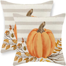 Herfstkussenhoezen 18x18 cm, set van 2, oranje pompoen- en bladmotief, linnen kussenhoezen voor de bank – herfst-/Thanksgivingdecoratie
