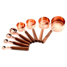 Conjunto de 4 xícaras medidoras para cozinha, conjunto de 4 colheres medidoras, colher medidora espessa revestida de cobre com cabo de madeira para