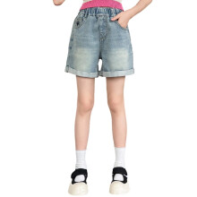 Girls Denim Shorts Stretch High Waisted Jeans Short Casual Kids Elastic Waist Straight Leg Denim Shorts Comfort Streetwear 8-9 Years