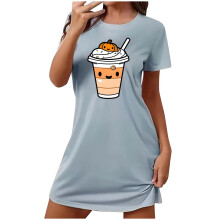 Vestido de dormir plus size com estampa de desenho animado, manga curta e gola redonda, em poliéster macio com elastano, tamanhos P a 2GG, ideal