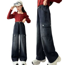 Girls Cargo Jeans Winter Warm Loose Fit Denim Pants Lined Cargo Jeans Kids Elastic Waist Stretchy Baggy Denim Pants With Pockets 11-12 Years