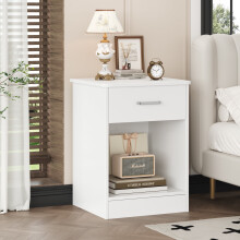 Mesita de noche con cajón, mesa auxiliar de 2 niveles, mesita de noche moderna para dormitorio y sala de estar, color blanco.