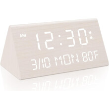 Digital Wooden Alarm Clock - 0-100% Dimmer, Dual Alarm Modes, Snooze & Temp/Date Display, Ideal for Home, Office & Travel Use (White)