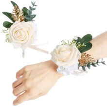 Champagne Rose Artificial Flower Corsage & Boutonniere Set – Wristband + Men's Boutonniere for Wedding, Prom, Homecoming