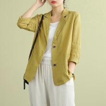 Linen Blazers for Women Business Casual Long Sleeve Suit Jacket Lightweight Work Blazer Yellow
