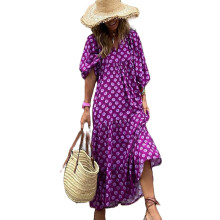 Peyakidsaa Dames Boho Bloemenprint Maxi Jurk met Pofmouwen en Gelaagde Stijl Casual Losse Jurk voor Vakantie en Strand