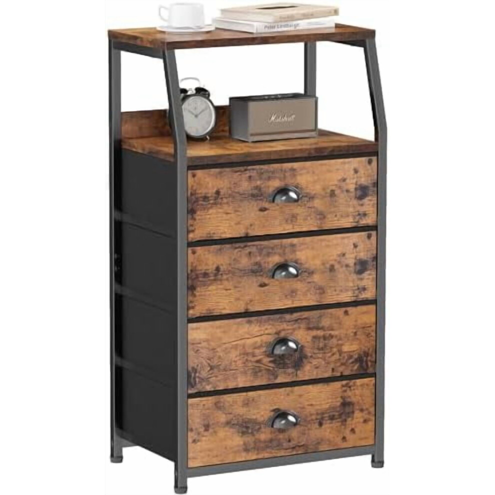 Tall 4-Drawer Nightstand Dresser – Vertical Storage Tower for Bedroom, Nursery, Hallway; Fabric & Wood Top, Sturdy Steel Frame