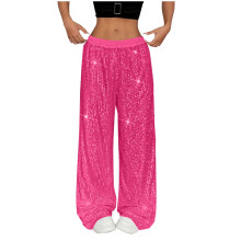 Womens Sequin Pants Wide Leg Sparkly Shiny Pants High Waist Baggy Party Club Dance Glitter Trousers Pants for Women, Hot Pink