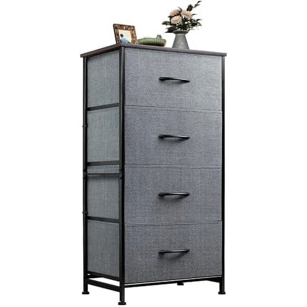 4-Drawer Fabric Dresser with Steel Frame & Wood Top – Dark Grey, Compatible with Bedroom, Hallway, Entryway, Closets