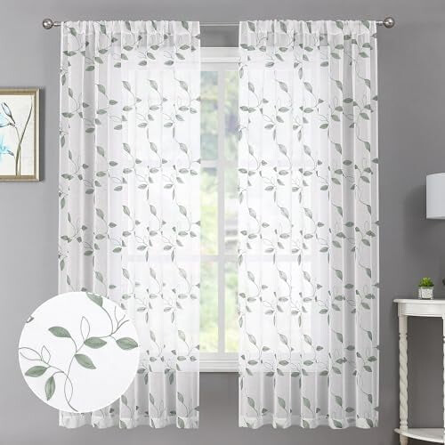 Διαφανείς Κουρτίνες Sage Green Leaf Voile, Σετ 2 Τεμ. 54x45 Εκ.