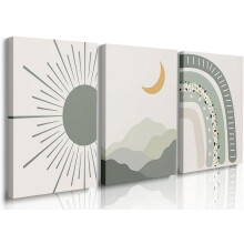 Boho Nursery Print Set of 3 (12"x16"): Sun, Rainbow, Moon — Sage Green Celestial Wall Art for Baby/Kids Room, Abstract & Mid-Century Mountain Decor