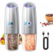 Rechargeable Gravity Salt & Pepper Grinder Set, Stainless Steel with LED Light, No Battery Needed, Adjustable Coarseness, Washable 135ml, Silver