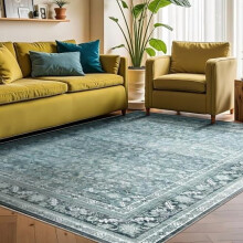 Thin Vintage Teal 6x9 Area Rug, Retro Washable Non-Slip Low-Pile Faux Wool Carpet, Distressed Floor Mat for Living Room, Bedroom, Kitchen, Office,