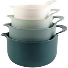 Nesting Plastic Mixing Bowl Set with Pour Spouts and Handles, Green, 4 Piece Non-Slip