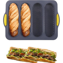 4-Cavity Silicone Bread Loaf Pan, Nonstick & Heat Resistant – Compatible with Sourdough, Baguette, Hoagie, Sandwich & Hot Dog Buns