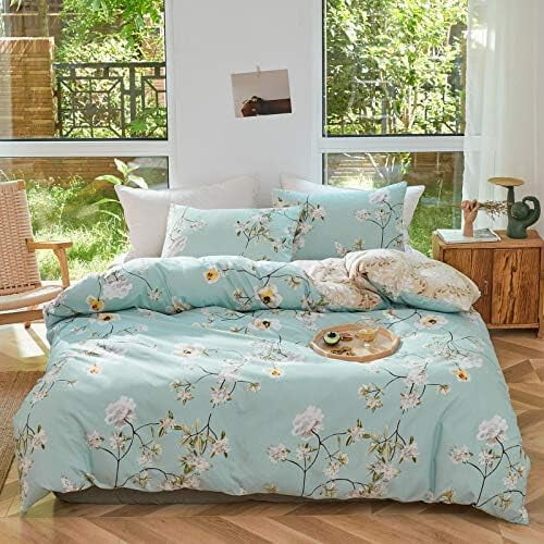 Floral Comforter Set Aqua Reversible Twin 3pcs